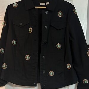 Chico's Black Jean Jacket with Turquoise Embellishments